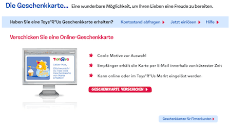 ToysRus Geschenkkarte verschicken